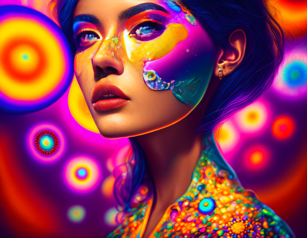 Colorful Psychedelic Woman Artwork with Glowing Orbs