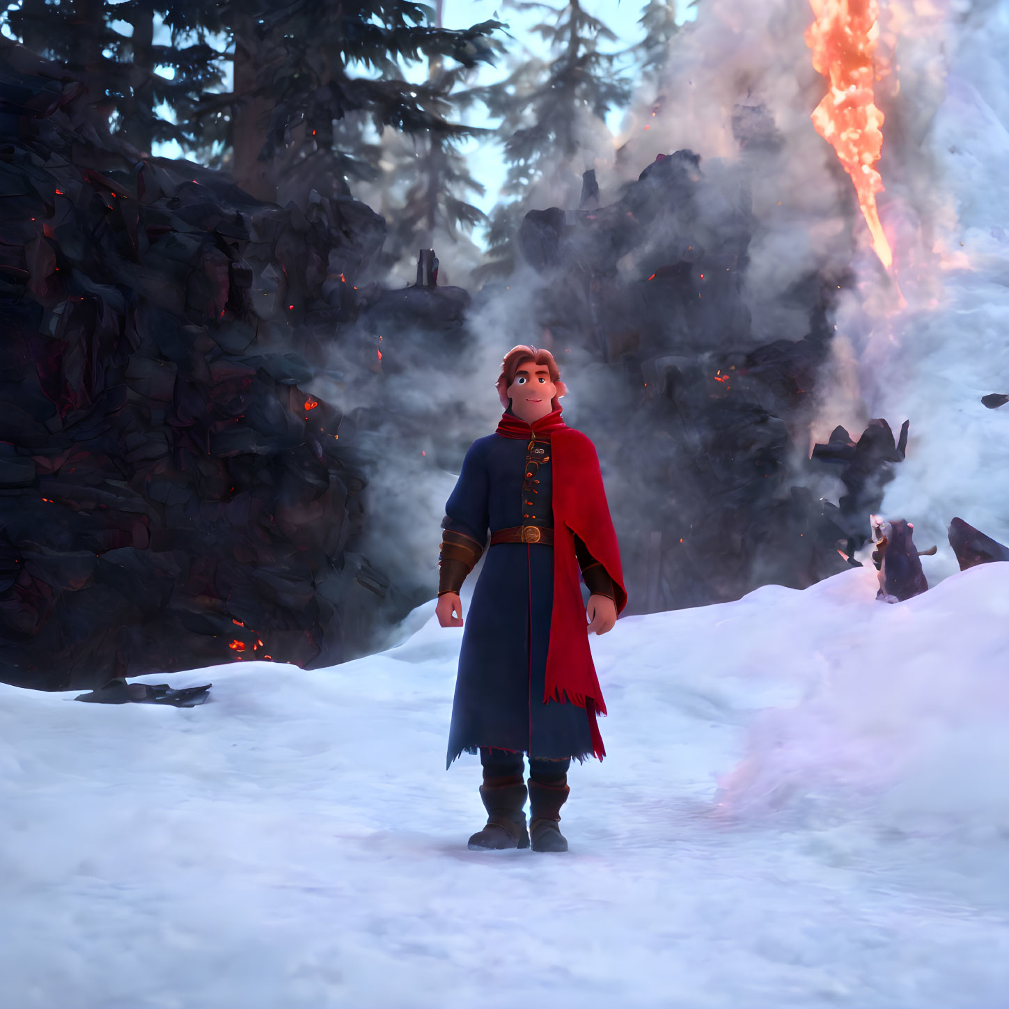 Animated character in snowy landscape with erupting volcano.