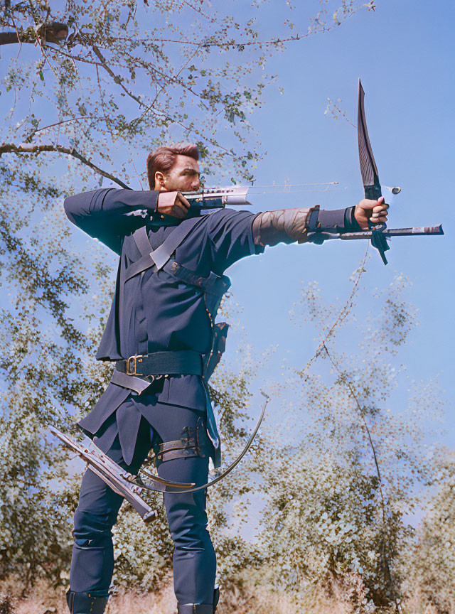 Man in Blue Suit Practicing Archery Outdoors