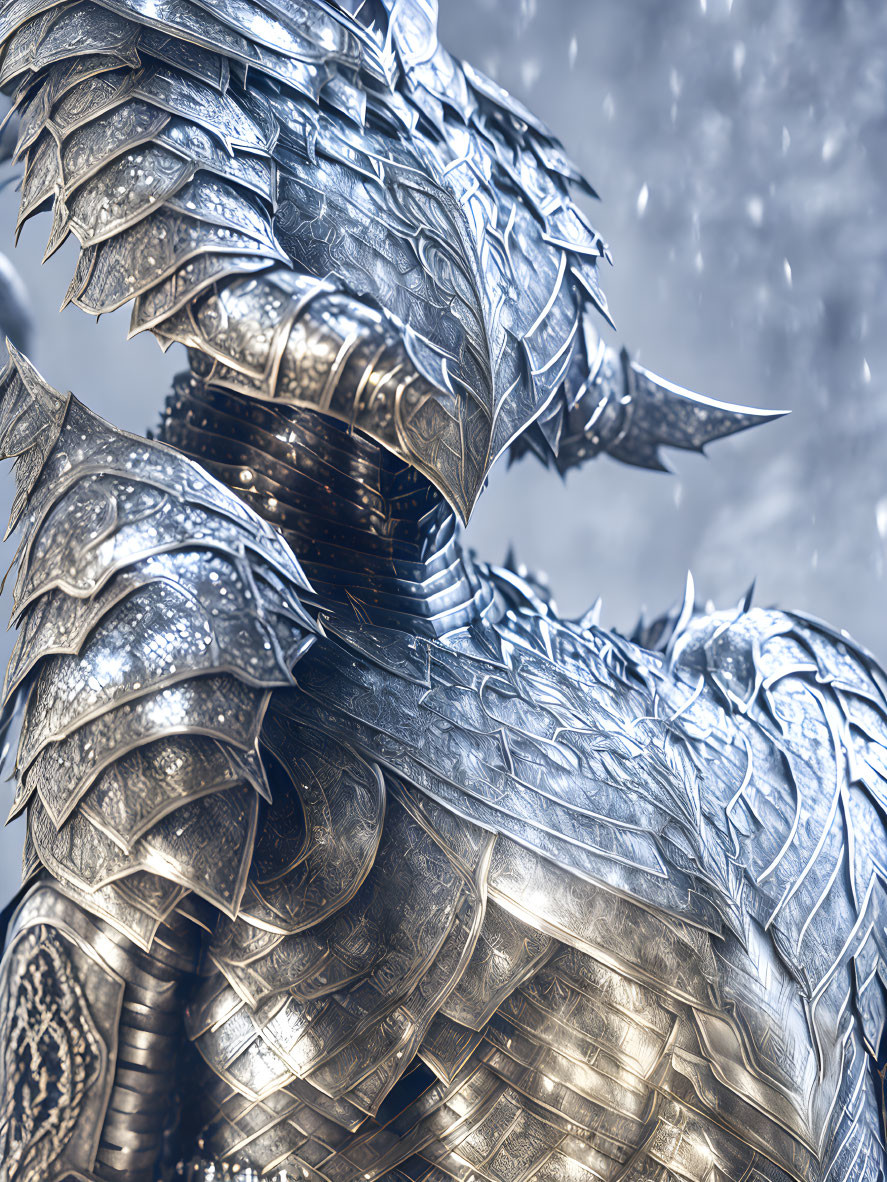 Detailed Metallic Dragon Scales Armor Under Cloudy Sky