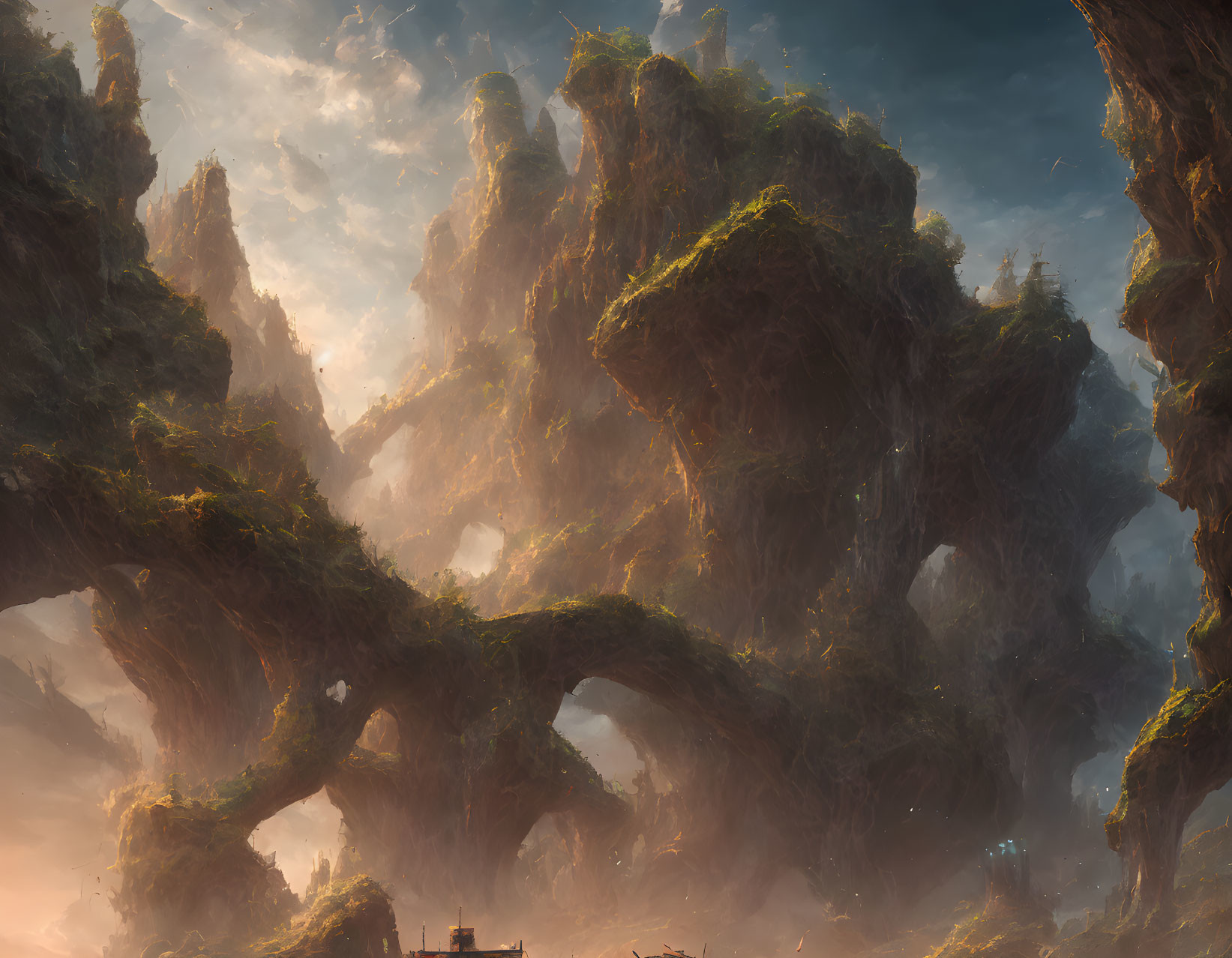 Majestic fantasy landscape with towering rock formations and greenery