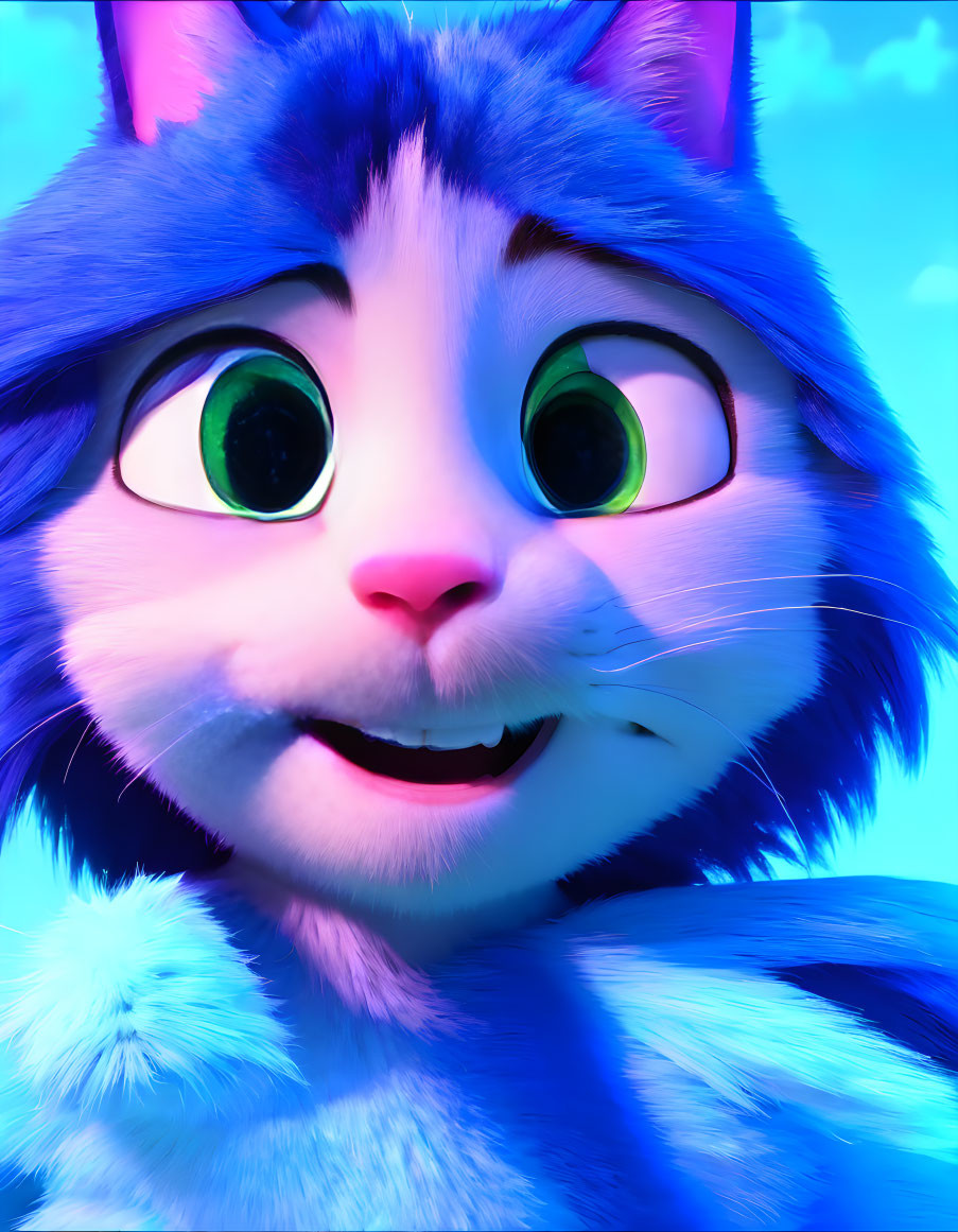 Blue animated cat with large green eyes and pointy ears on blue background