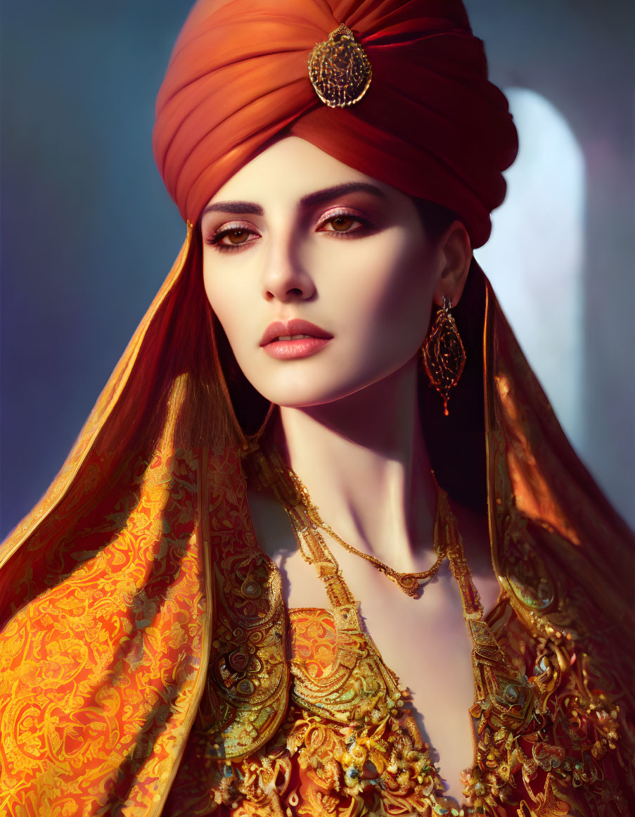 Woman in Vibrant Orange Turban and Golden Jewelry with Thoughtful Expression