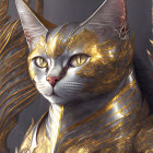 Majestic cat in golden armor against ethereal backdrop