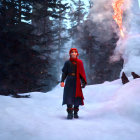 Animated character in snowy landscape with erupting volcano.