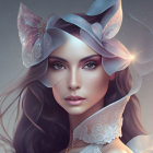 Digital Artwork: Young Woman with Cat-Like Features and Realistic Cat