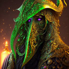 Mystical creature with tentacle-like features and glowing green eyes in ornate textures and biolum