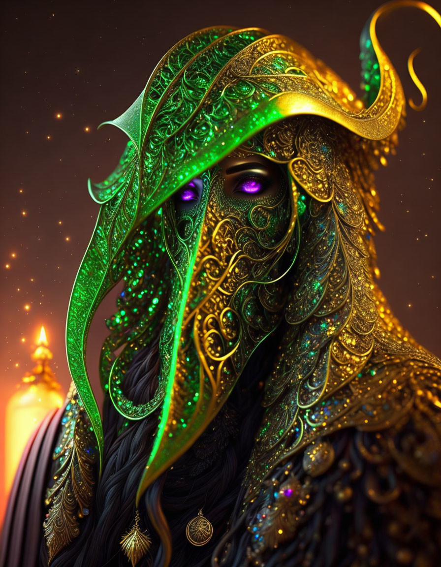 Intricate Green and Gold Patterned Mask with Purple Eyes and Candlelit Background