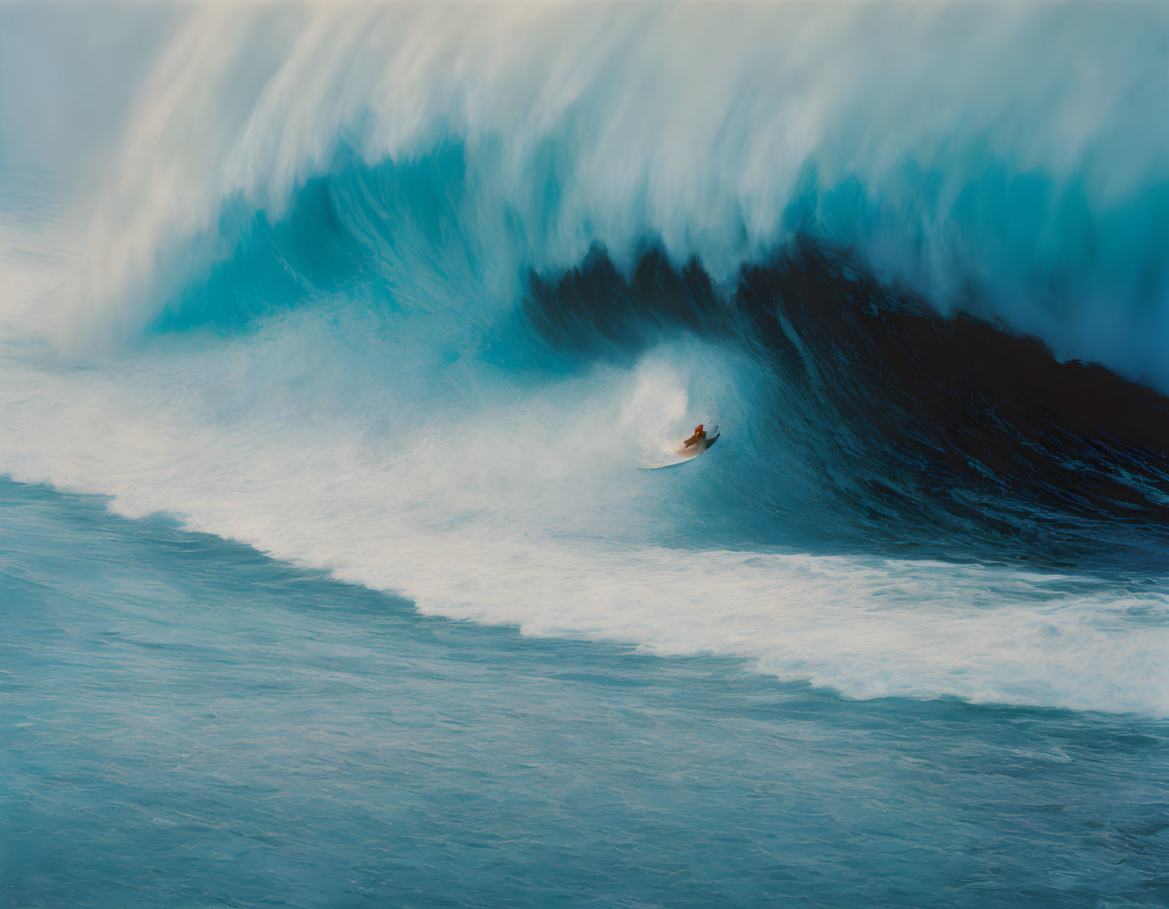 Surfer riding large curling wave in deep blue and white water