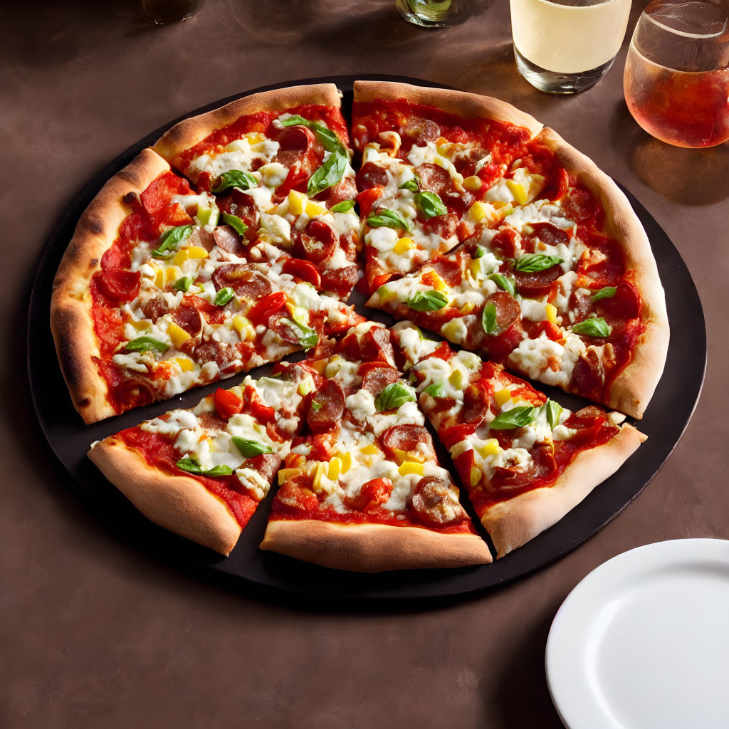 Pepperoni pizza with basil leaves, cheese, wine, and plate on dark table