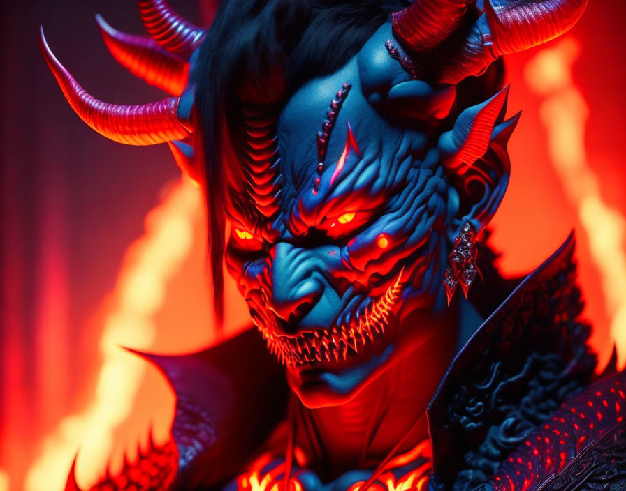 Sinister demonic entity with glowing eyes and horns in fiery setting