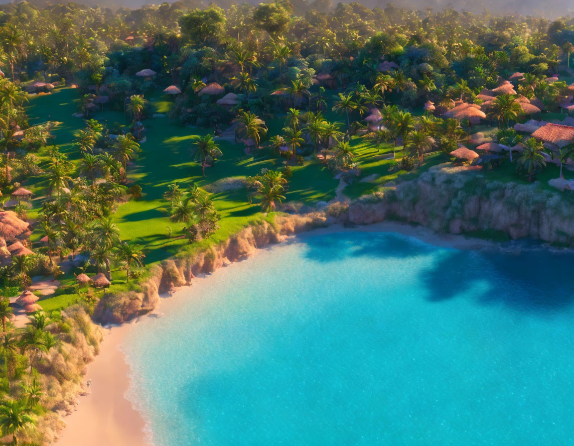 Tropical bay with thatched-roof huts and palm trees by blue lagoon