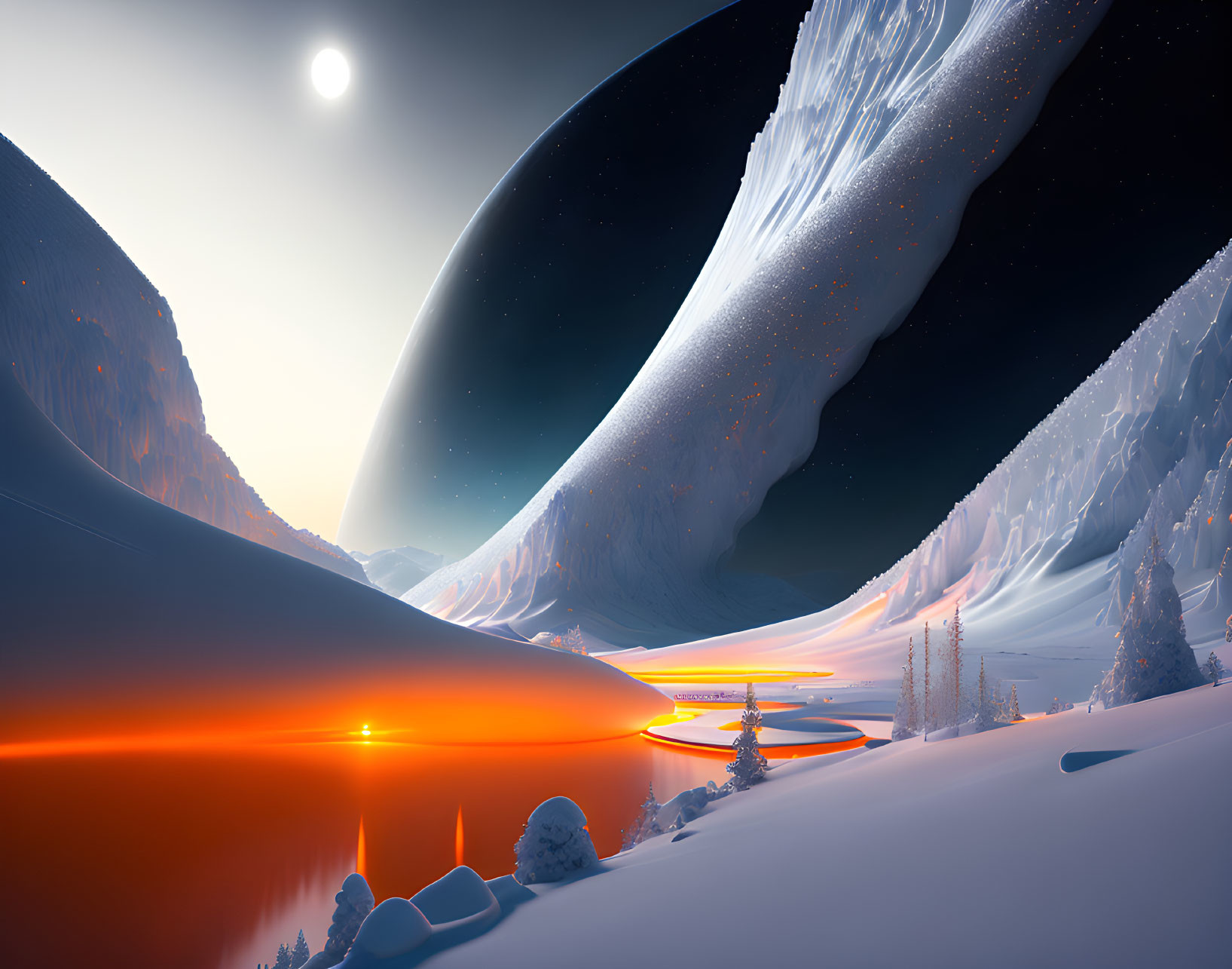 Snow-covered landscape with orange river and large planet at twilight