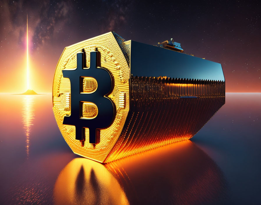 Digital artwork: Bitcoin emblem on cargo ship at sunset symbolizing global trade impact