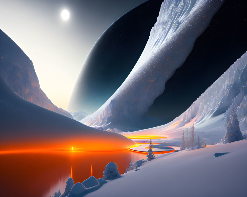 Snow-covered landscape with orange river and large planet at twilight