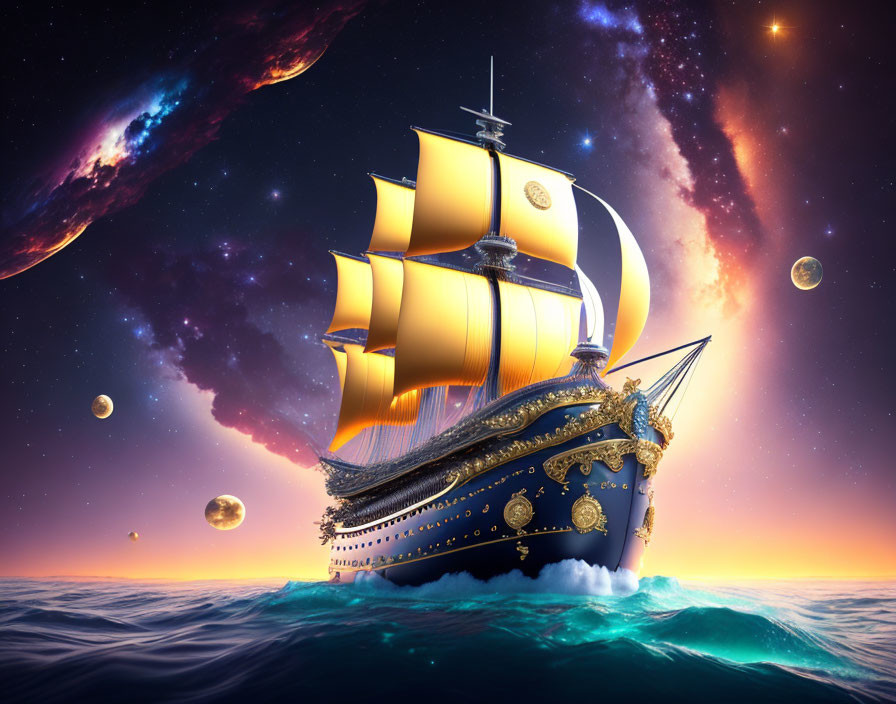 Majestic sailing ship with golden sails on cosmic sea