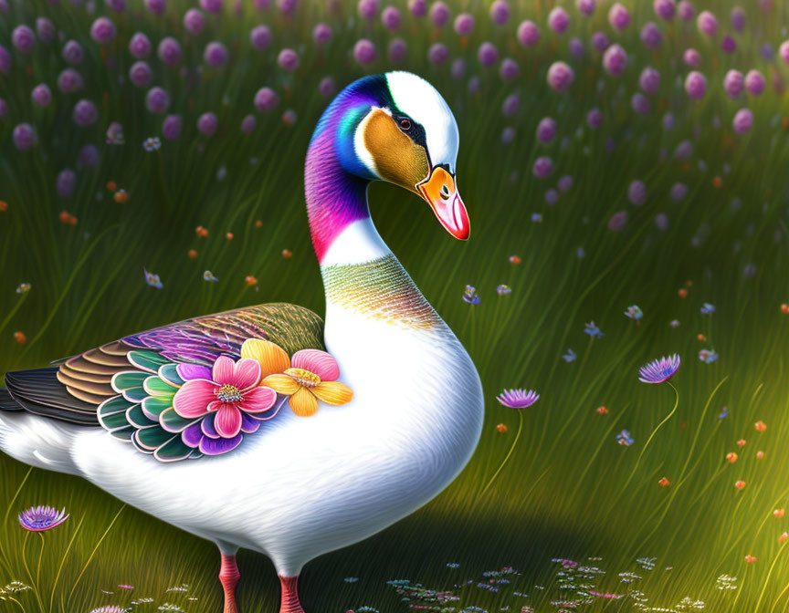 Vibrant duck illustration with floral patterns in a field.