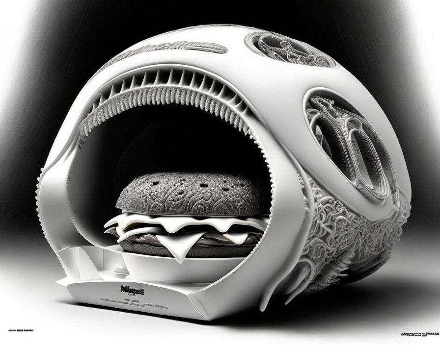 Monochrome burger image with mechanical patterns