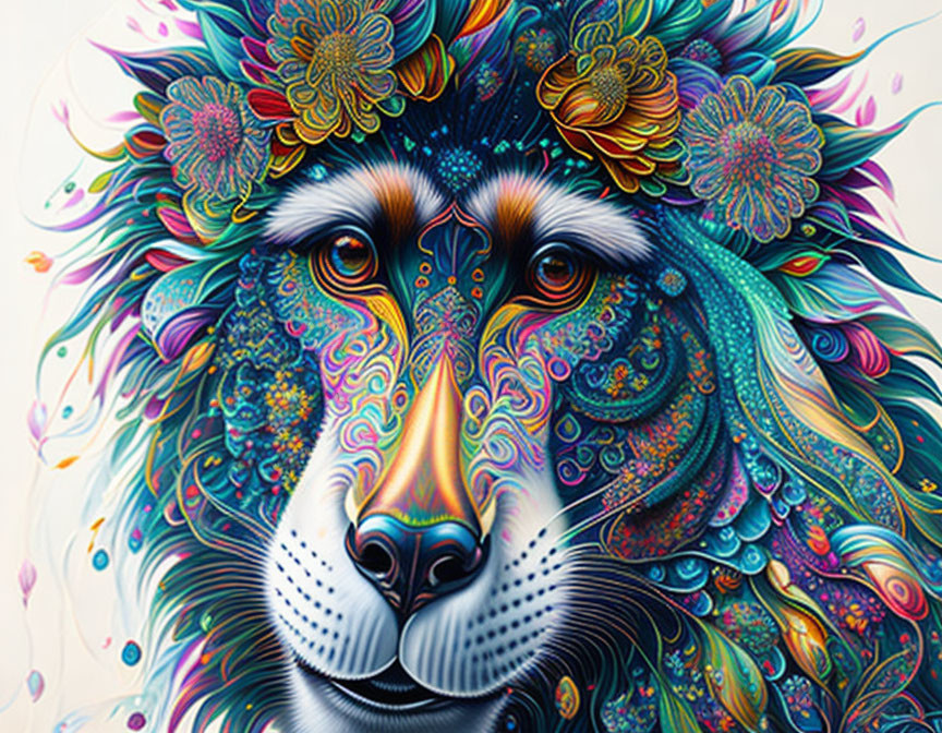 Vibrant wolf illustration with intricate floral patterns