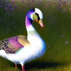 Vibrant duck illustration with floral patterns in a field.