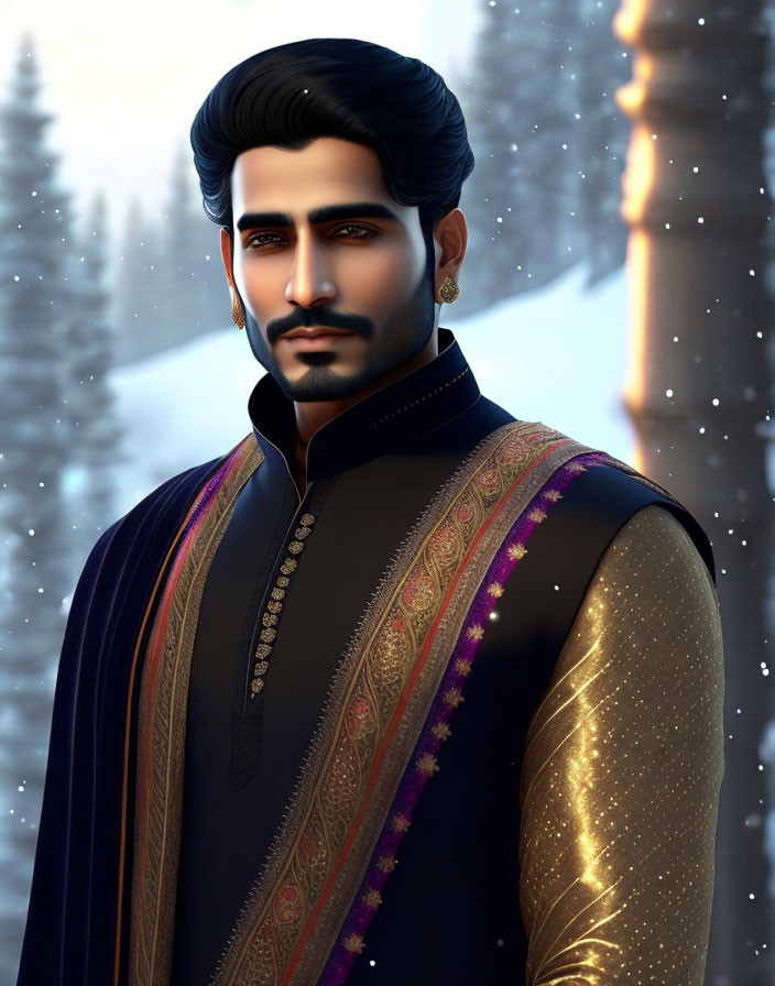 Man in Traditional Black and Gold Sherwani in Snowy Forest