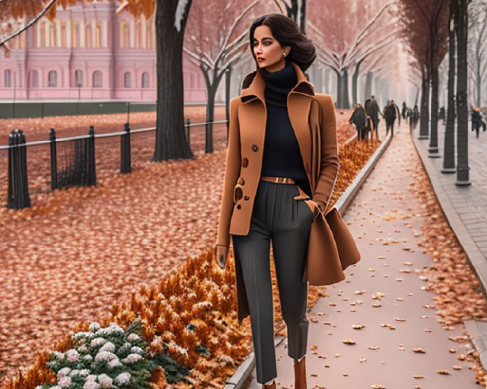 Fashionable woman in brown coat strolling in autumn park with bag