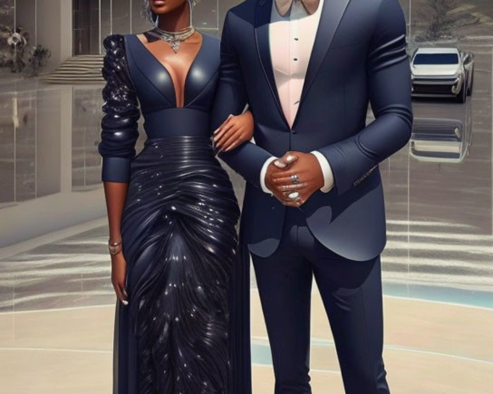 Formal Attired Couple in Modern Space with Luxury Car