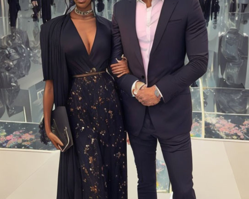 Fashionable couple in modern hallway: woman in floral black gown, man in sharp black suit