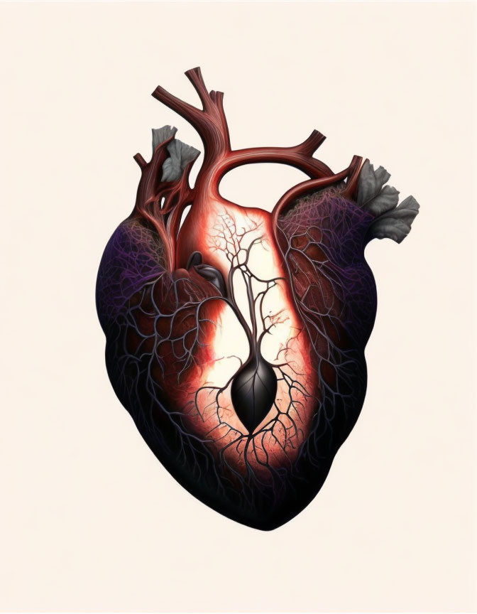 Detailed illustration of human heart with arteries and veins on neutral backdrop