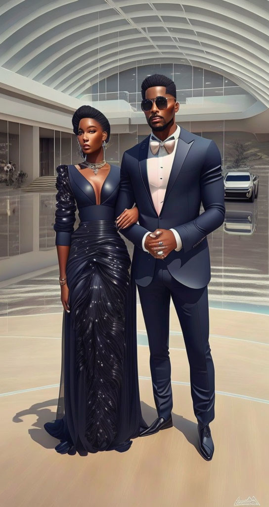 Formal Attired Couple in Modern Space with Luxury Car