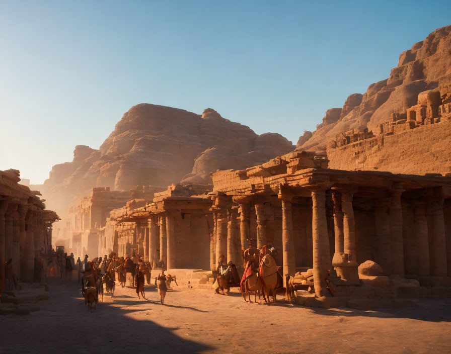 Group on camels explores ancient desert temple at sunset