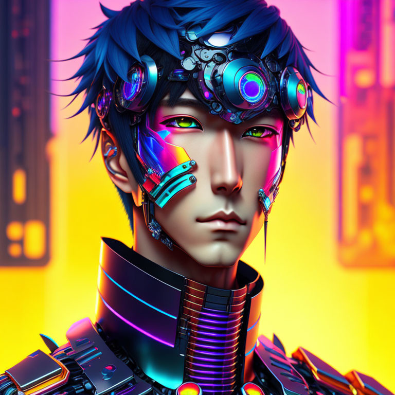 Male figure with blue hair and cybernetic enhancements in digital artwork.