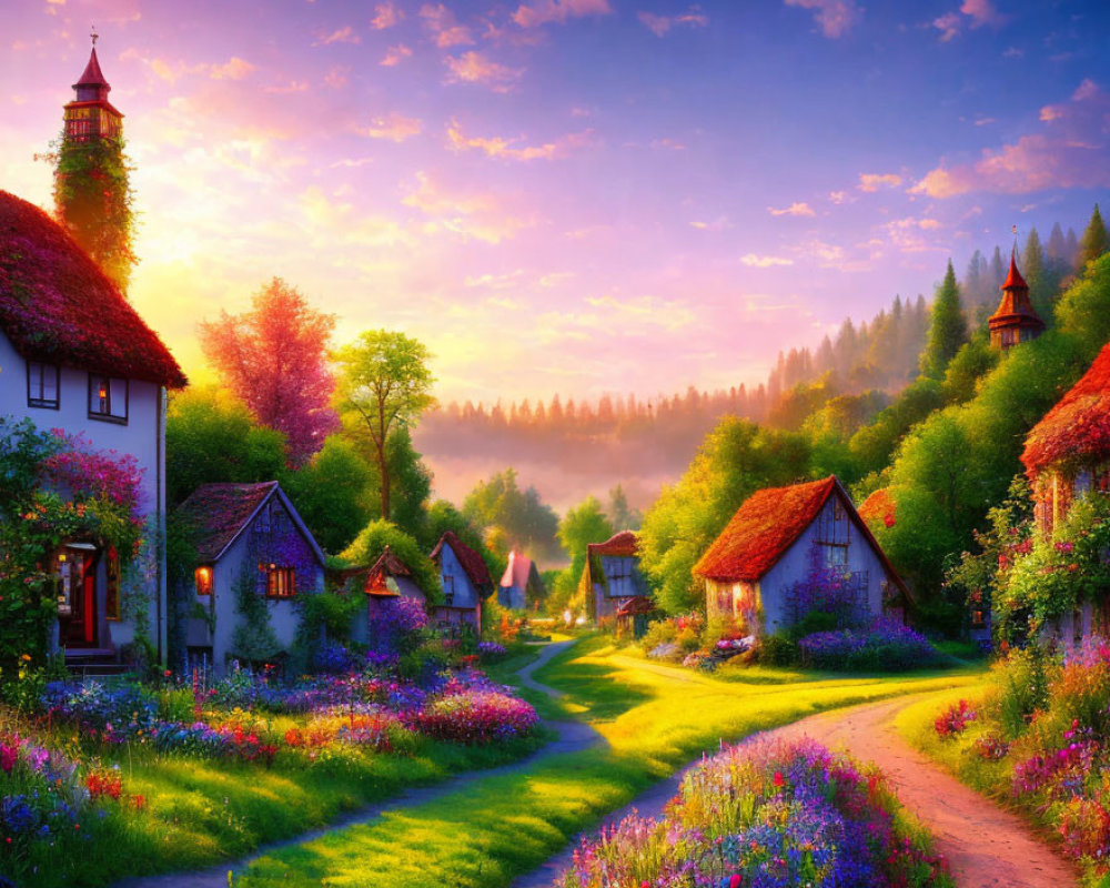 Quaint village with flower-lined paths and warm sunset glow