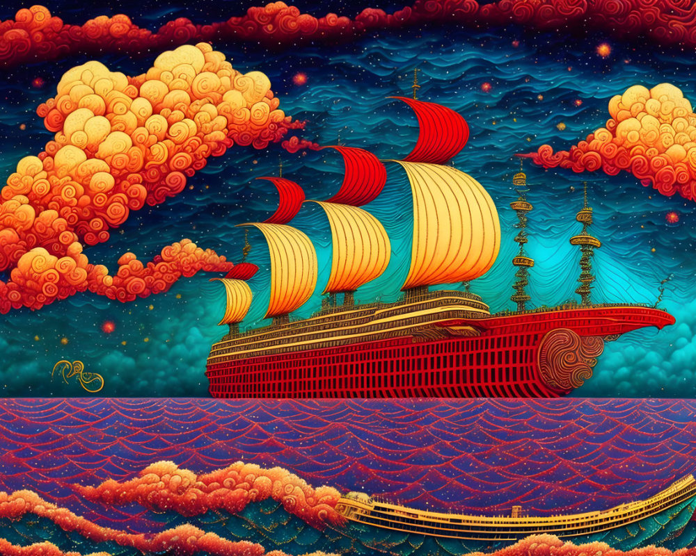 Ornate ship sailing on patterned sea with vibrant sky