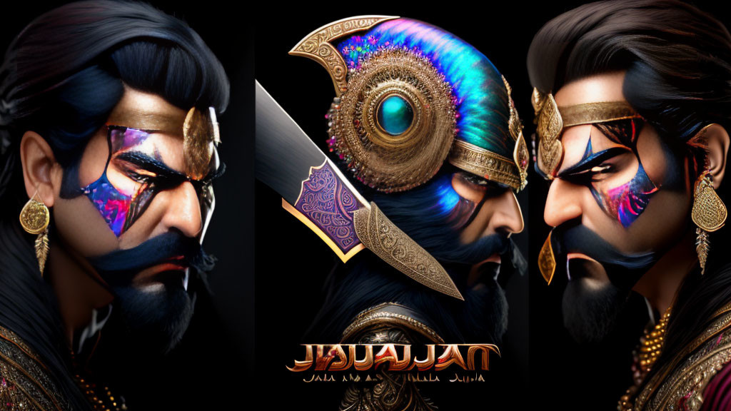 Stylized male character in golden armor with face paint and eye helmet