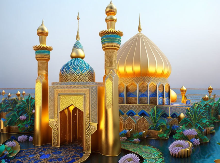 Golden and Blue Palace with Domes and Spires Amid Lotus Flowers