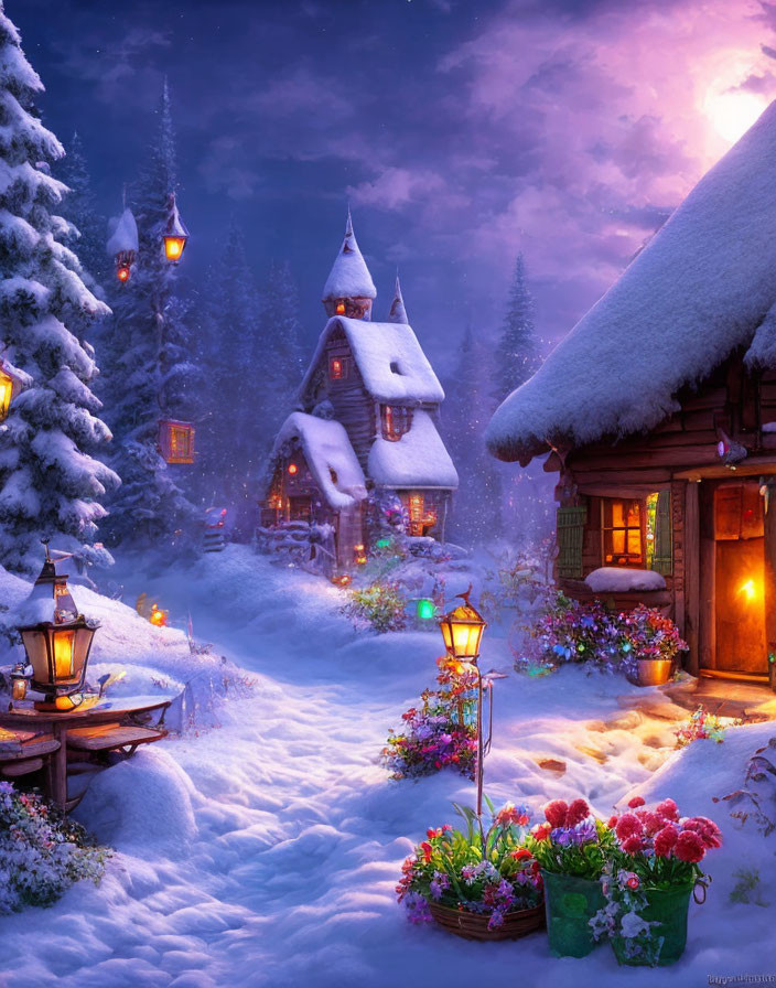 Snow-covered cottages with glowing windows in twilight scene