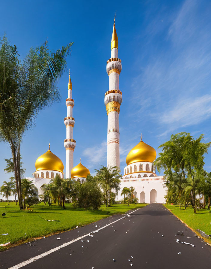 Golden domed mosque with tall minarets under blue sky and green surroundings