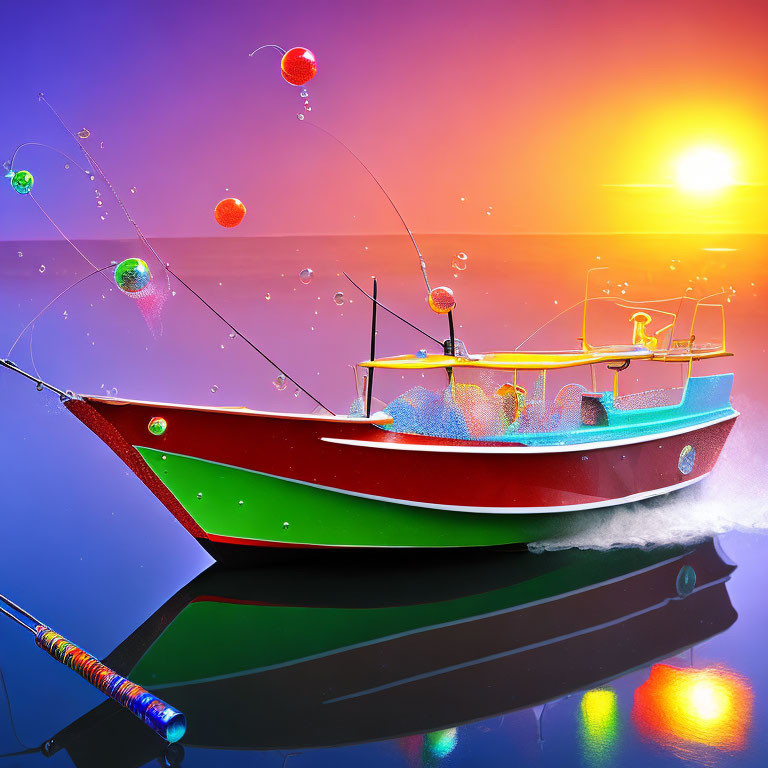 Colorful boat creates ripples at sunset with floating balloons