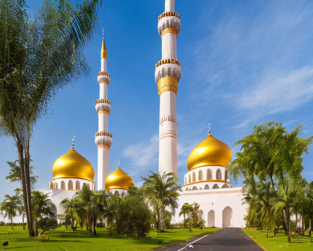 Golden domed mosque with tall minarets under blue sky and green surroundings