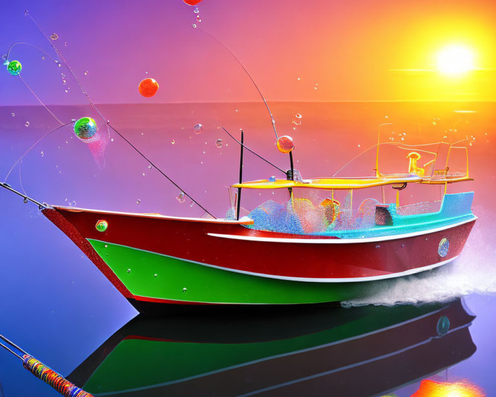 Colorful boat creates ripples at sunset with floating balloons