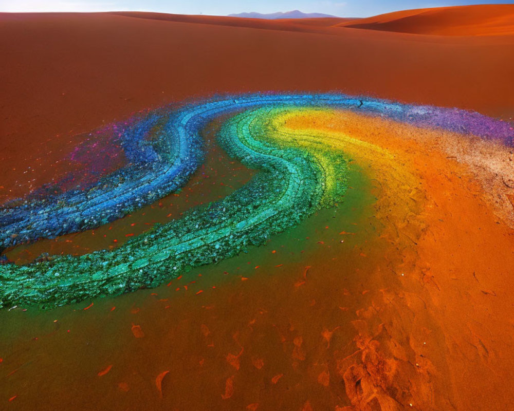 Vibrant rainbow-colored geological formation in red sand dunes