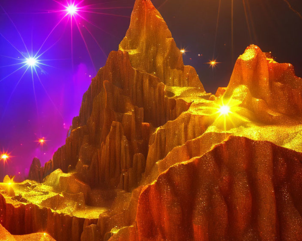 Colorful digital artwork: Fantastical mountain landscape with sparkling lights under starry sky