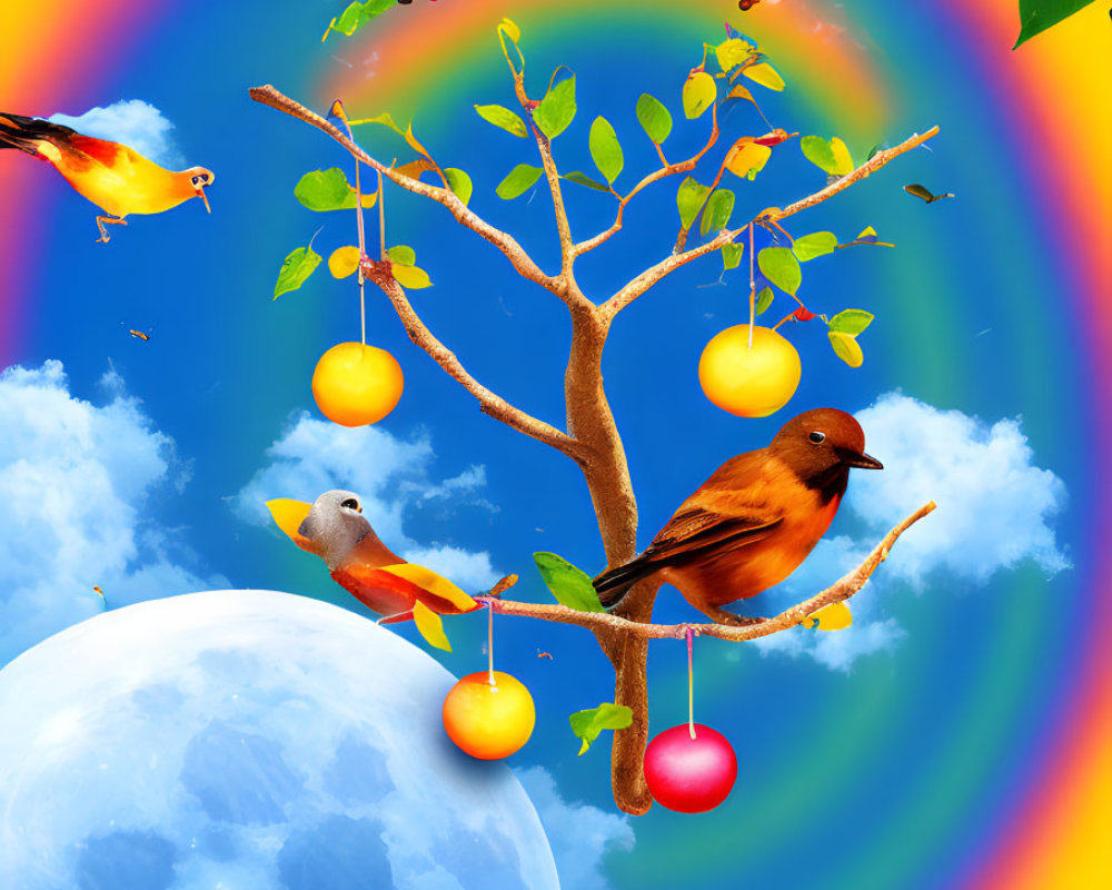 Surreal image of birds, fruits, moon, and rainbow on blue sky