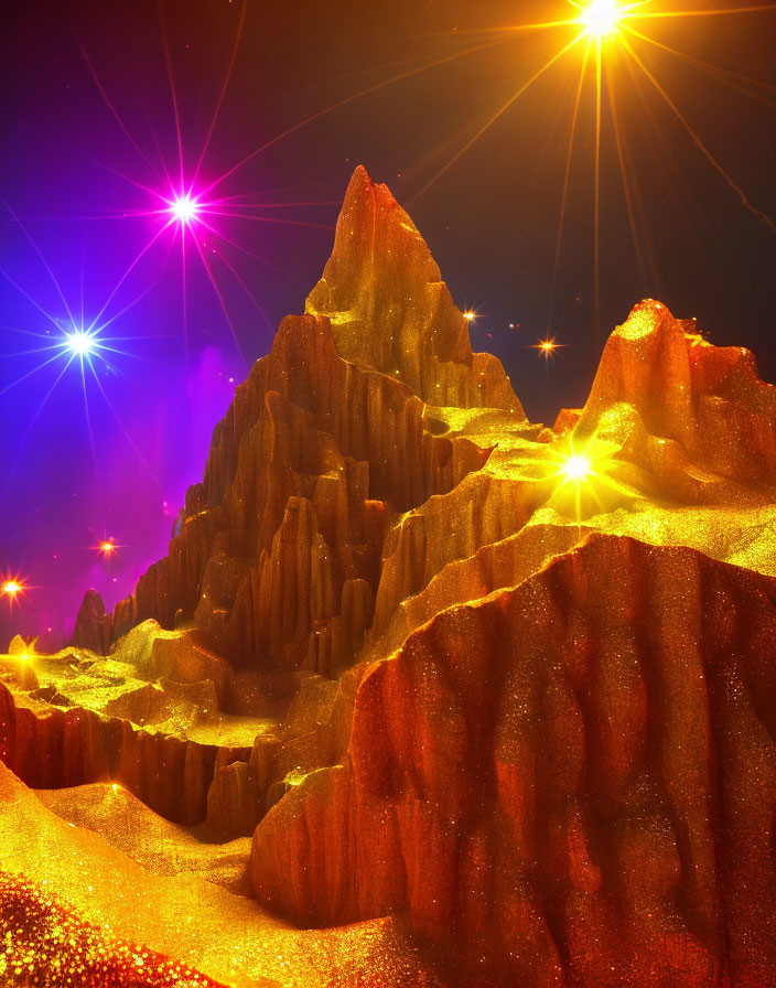 Colorful digital artwork: Fantastical mountain landscape with sparkling lights under starry sky