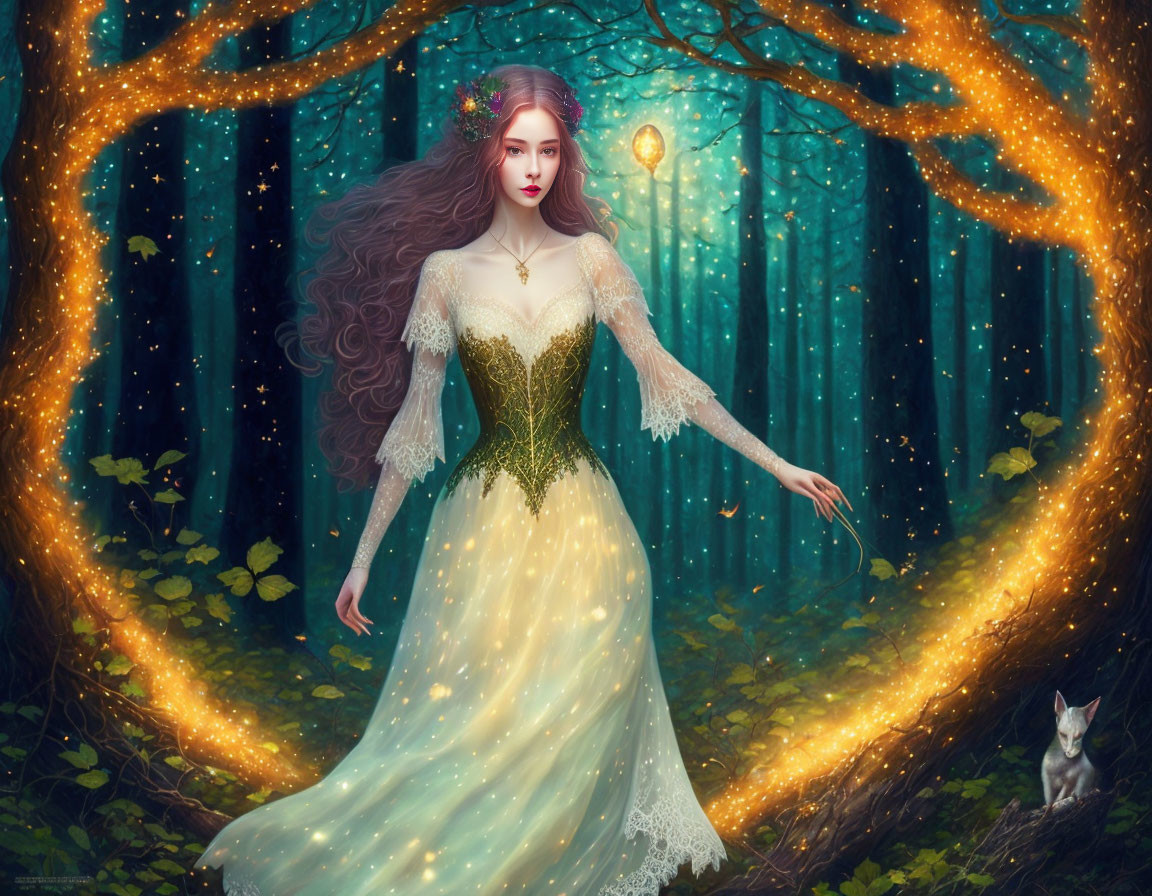 Enchanted forest scene with mystical woman in elegant gown