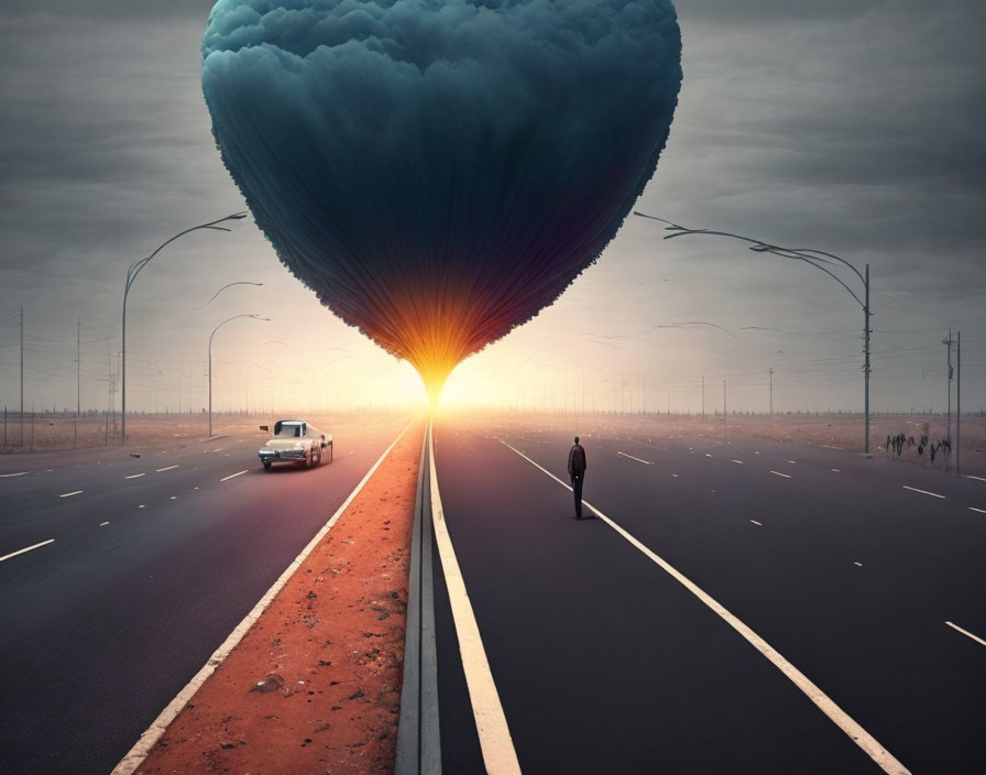 Surreal image: Giant tree uprooting road with car and person under dramatic sunset sky