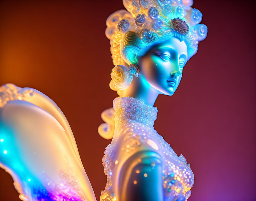 Colorful Illuminated Translucent Woman Sculpture with Pearls on Warm Background