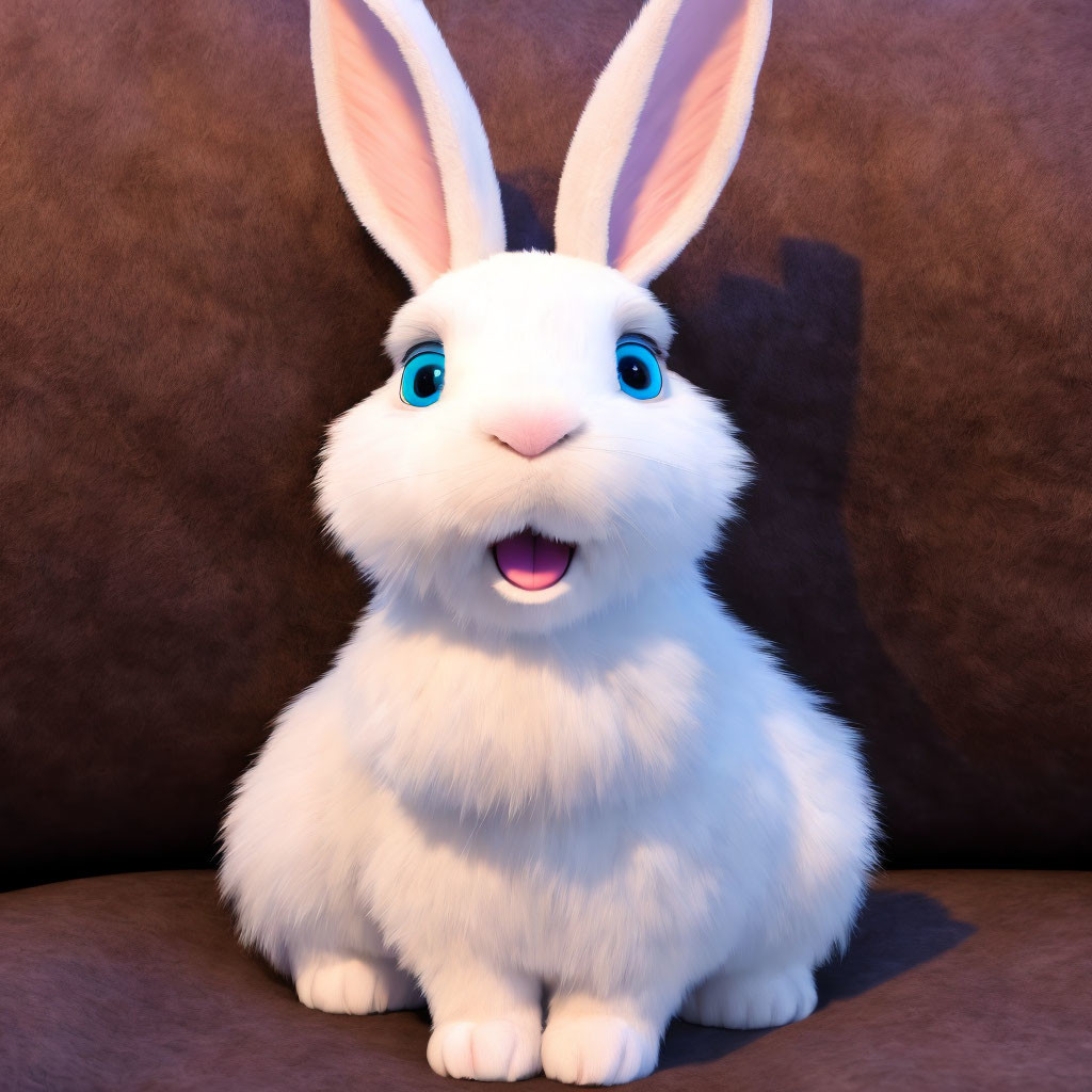 Fluffy White Animated Rabbit with Blue Eyes on Brown Background