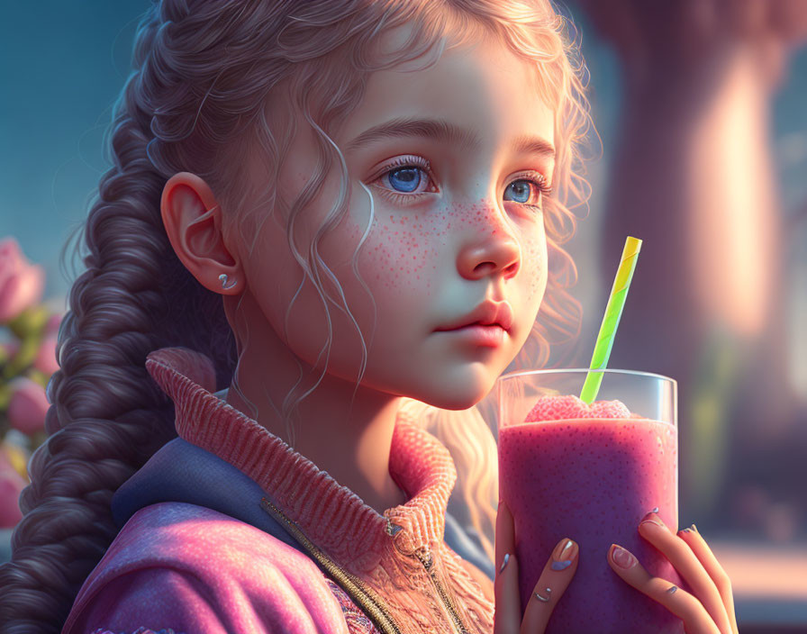 Young girl with blue eyes and curly hair holding pink smoothie in digital artwork